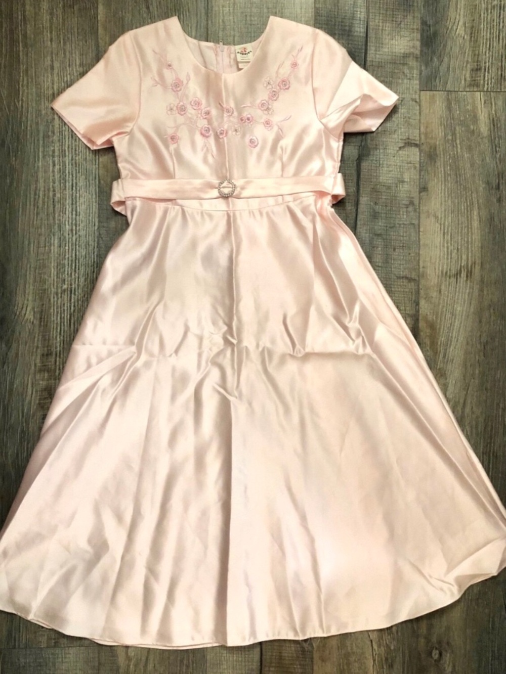 POPAYE'S Girls Pale Pink Satin Short Sleeve Embroidered A-Line Dress/Sash Tie~12